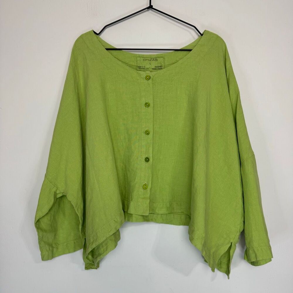 Grizas Lime Green Linen Button Down Top L - Picture 1 of 6